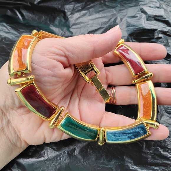 Enamel Multicolor Gold Accents Rectangular Shapes Necklace Chocker - Picture 10 of 11